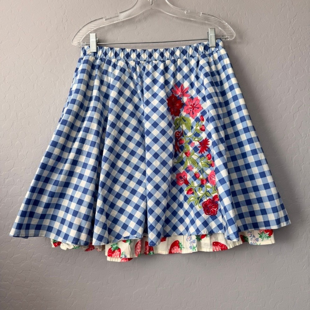 Matilda Jane Small Skirt Blue Gingham Floral Embroidered Berry Layered Ruffle